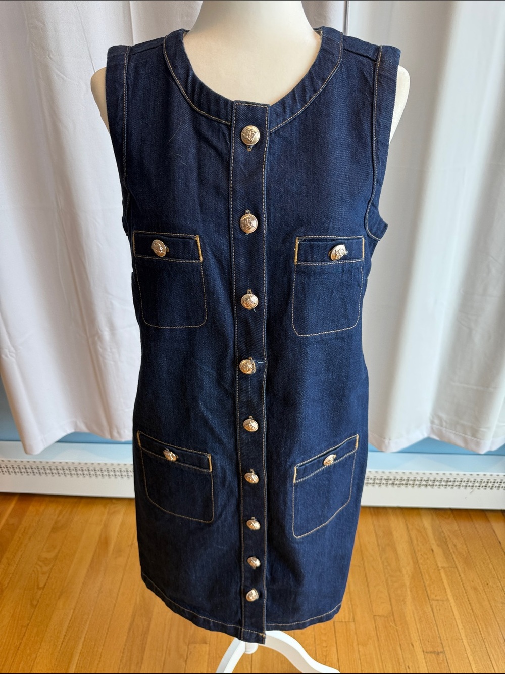Ann Taylor | Dresses | Ann Taylor Sleeveless Dark Blue Denim Shift Dress With Gold Buttons
